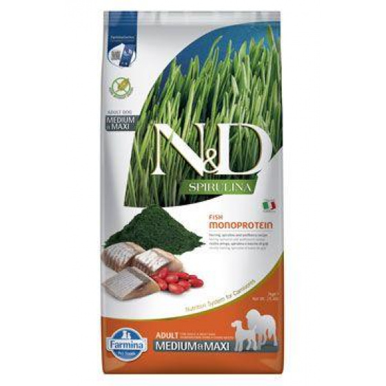 N&D SPIRULINA DOG Adult M/L Hering és Farkasbogyó 7kg