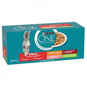Nestle PURINA ONE cat Multipack Sterilcat mini filék marhahússal & csirkével & lazaccal & pulykával szószban 40 x 85g zöldbabbal szószban 26x85g