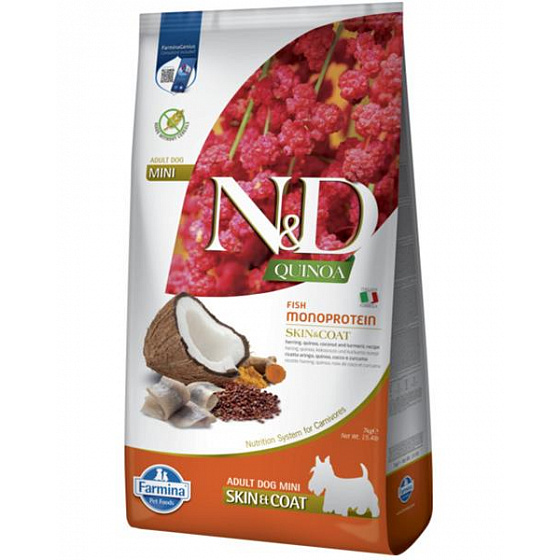 Farmina N&D kutya QUINOA (GF) felnőtt mini, bőr & szőrzet, hering & kókusz 7 kg
