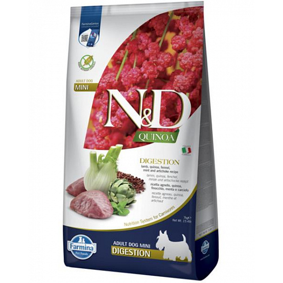 Farmina N&D kutya QUINOA (GF) felnőtt mini, emésztés, bárány & édeskömény 7 kg