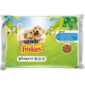 Nestlé Friskies kutya Junior csirkével és sárgarépával, gyümölcslé zsebben 4x100 g