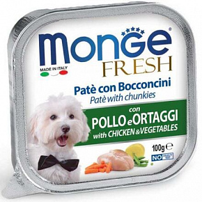 MONGE FRESH - pástétom és darabok csirkével és zöldségekkel 100g kutyáknak