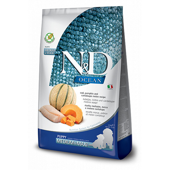 N&D OCEAN DOG Puppy M/L Tőkehal & Sütőtök & Dinnye 12kg + INGYENES SZÁLLÍTÁS