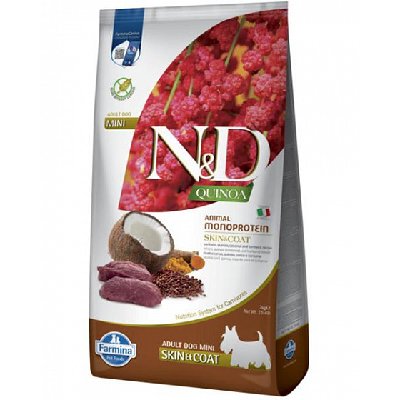 Farmina N&D kutya QUINOA (GF) felnőtt mini, bőr & szőrzet, szarvashús & kókusz 7 kg