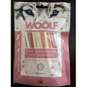 Pamlsok Woolf Dog csirke és tőkehal puha szendvics LONG 100 g