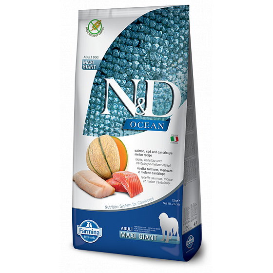 N&D OCEAN DOG Adult Giant Lazac & Tőkehal & Dinnye 12kg + INGYENES SZÁLLÍTÁS